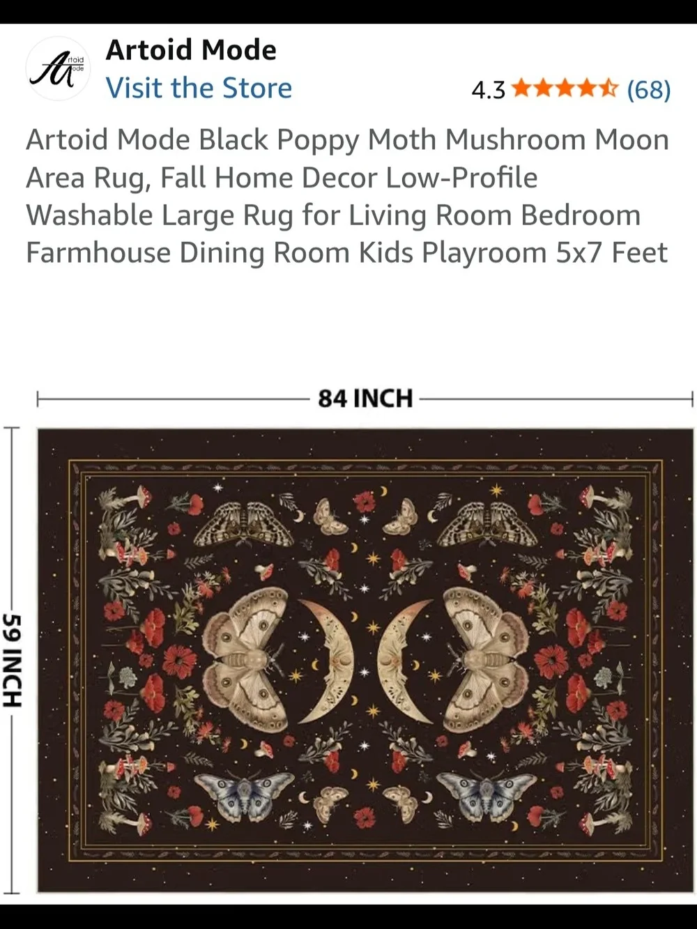 Black Moon & Moth Area Rug, 5 X 7, Washable